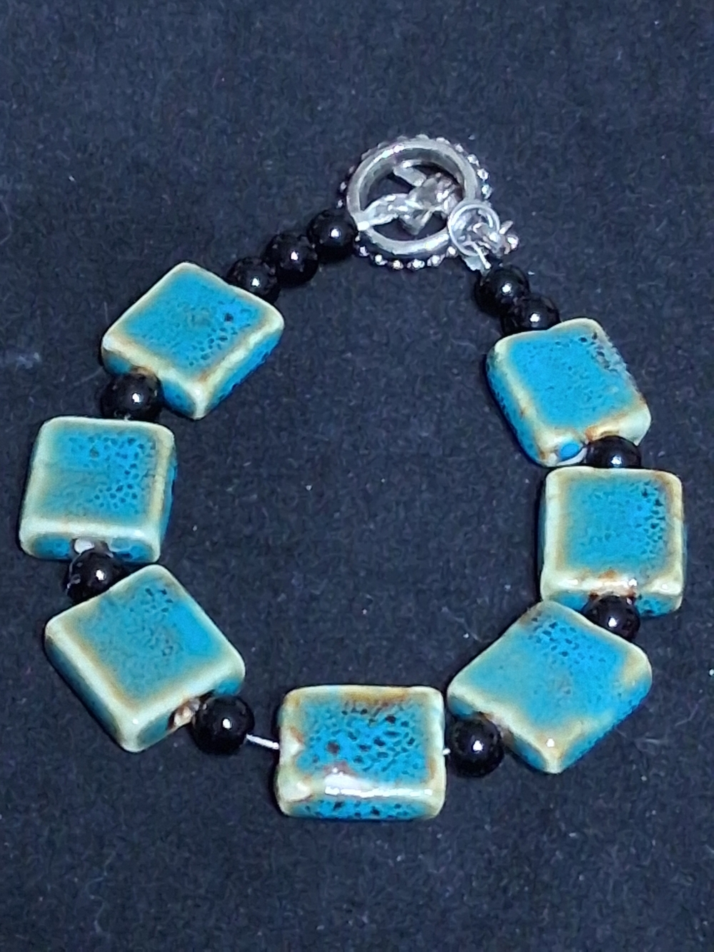 Turquoise Ceramic Square Bead Bracelet with Black Accents